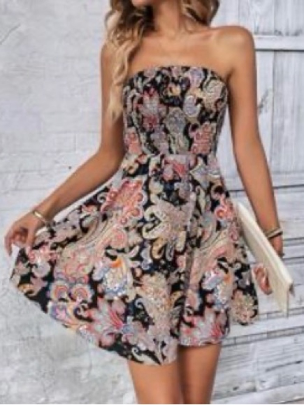 SHEIN Black Paisley Strapless Smocked Bodice Dress